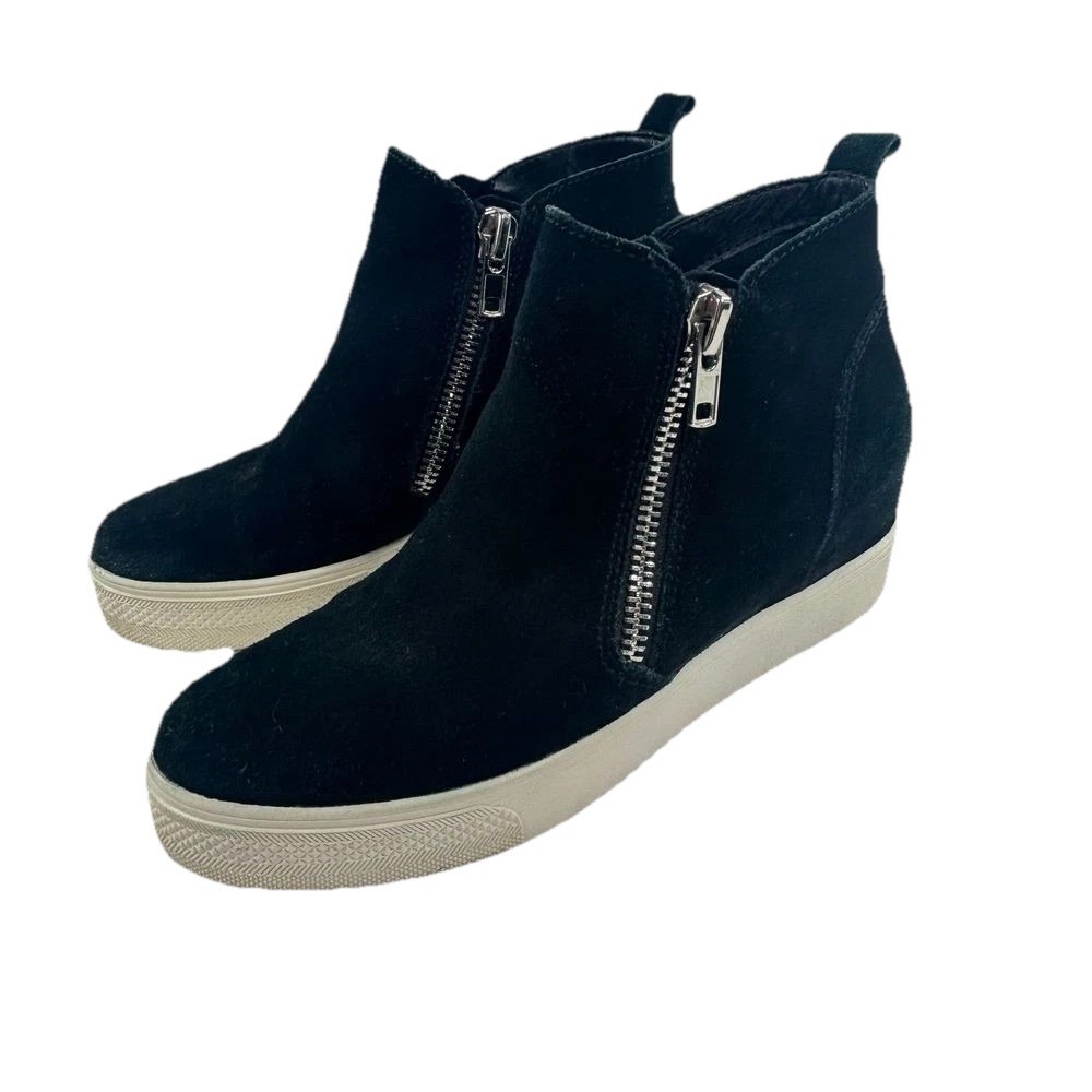 Steve Madden Wedge Sneakers Black Suede Side Zip Grunge‎ Streetwear Indie Sz 8.5